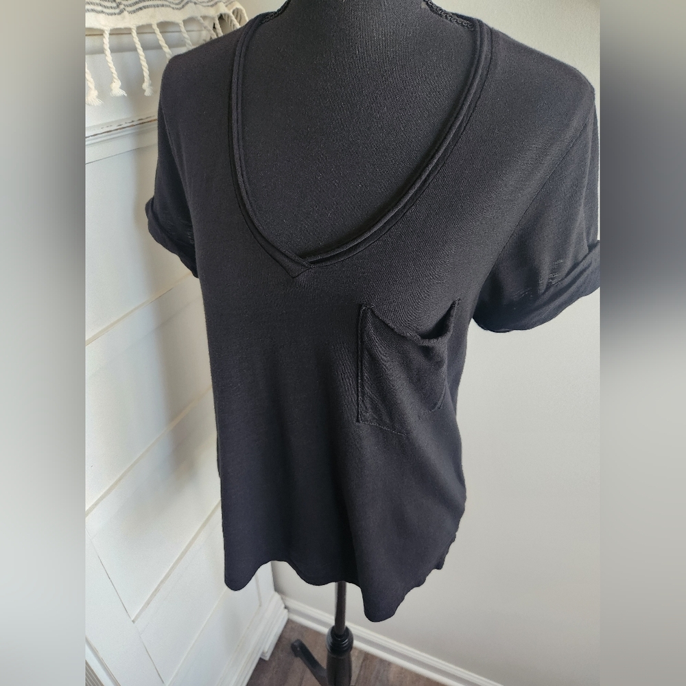 Anthropologie Black Short Sleeve V-Neck Pocket Tee